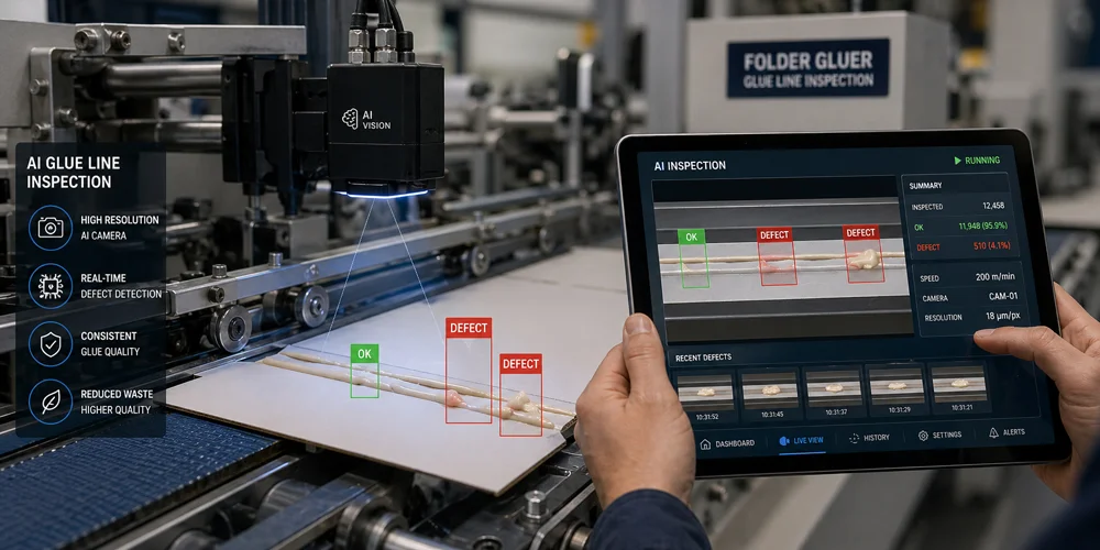 AI camera view of folder gluer glue line inspection