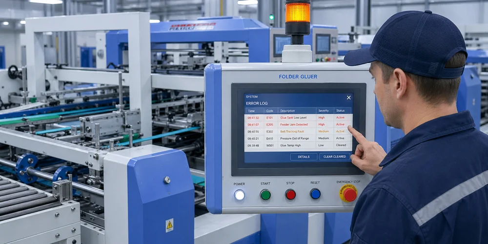 folder gluer operator inspecting HMI for error codes